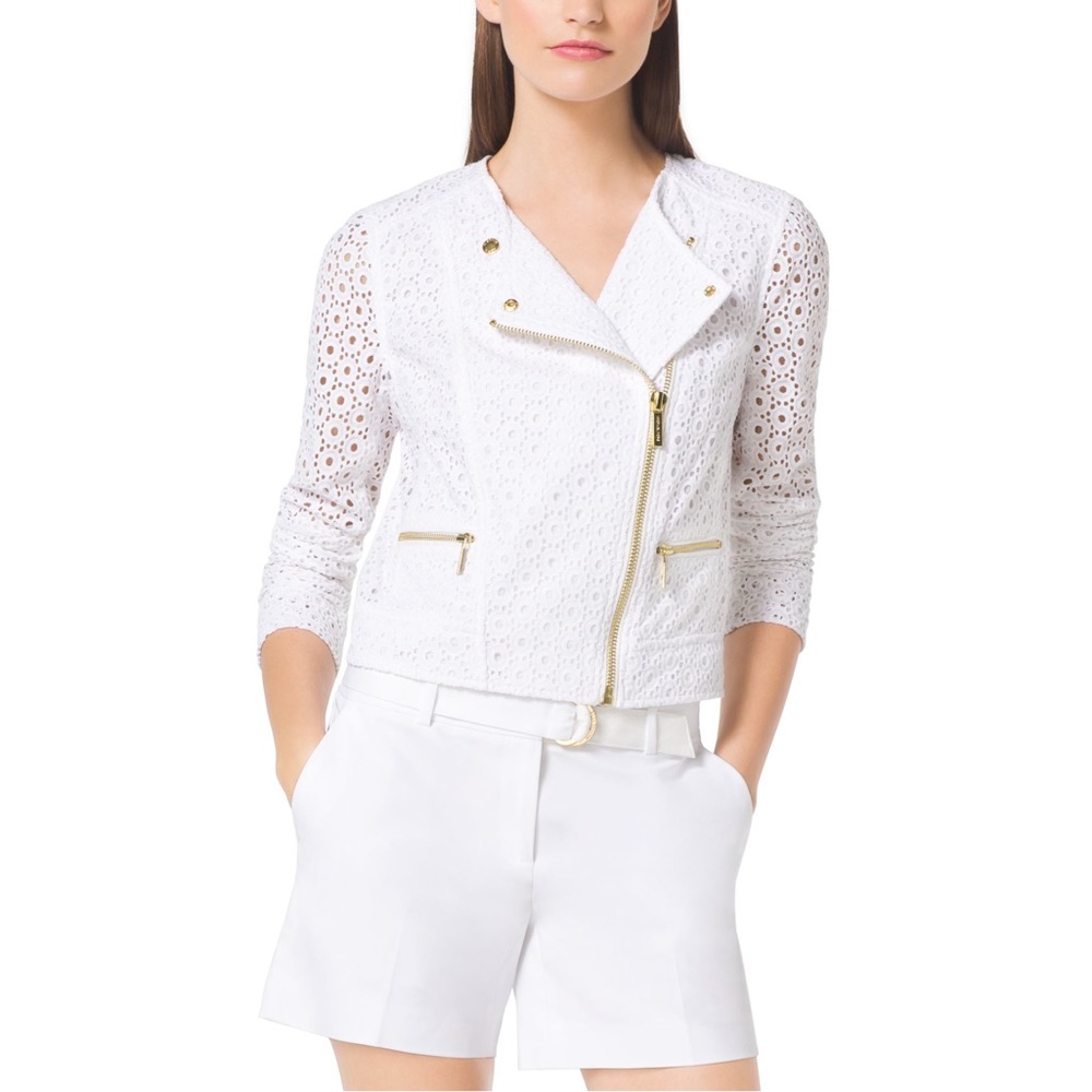 Michael Kors Eyelet-Embroidered Cotton Moto Jacket